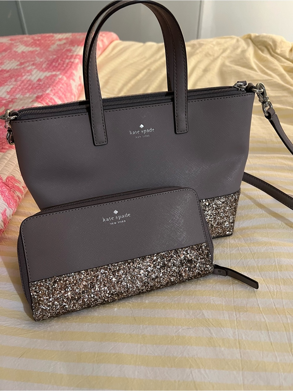 kate spade gray tote and glitter-trim wallet set